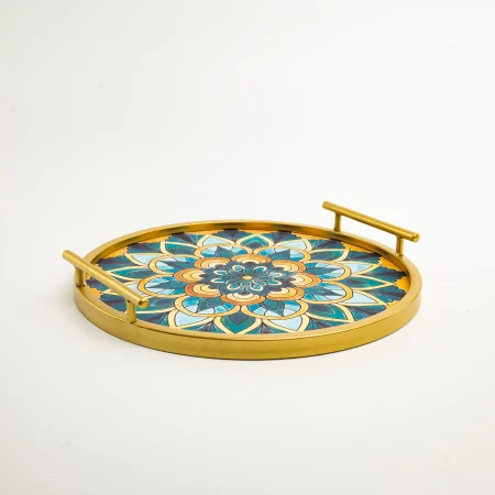 Δίσκος Μεταλλικός Στρόγγυλος Χρυσός Μπλε Σχέδια Mandala με Χερούλια ?35cm