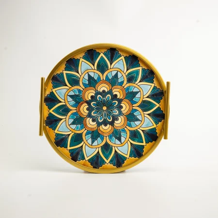Δίσκος Μεταλλικός Στρόγγυλος Χρυσός Μπλε Σχέδια Mandala με Χερούλια ?35cm